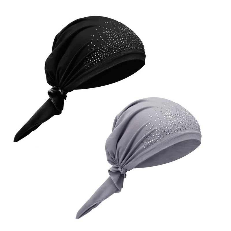 IPENNY Crystal Chemo Hat Woman's Stretchy Beanie Bandana Turban Cap Skull Cap Head Wrap Headscarf for Cancer,Alopecia Hair Loss (1 Black+1 Gray) - Image 1